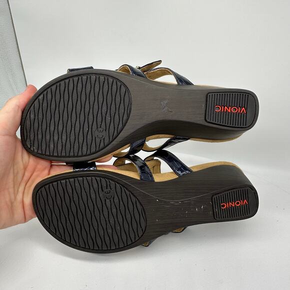 Vionic Radia Slip On Wedge Patent Croc Leather Blue Sandal Womens Size 9 - Picture 13 of 14